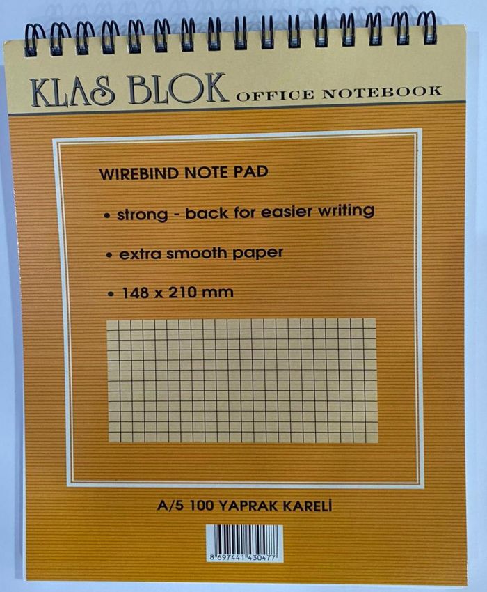 KLAS BLOKNOT SPİRALLİ OFFİCE BOOK KARELİ A5 100YP.