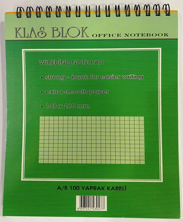 KLAS BLOKNOT SPİRALLİ OFFİCE BOOK KARELİ A5 100YP.